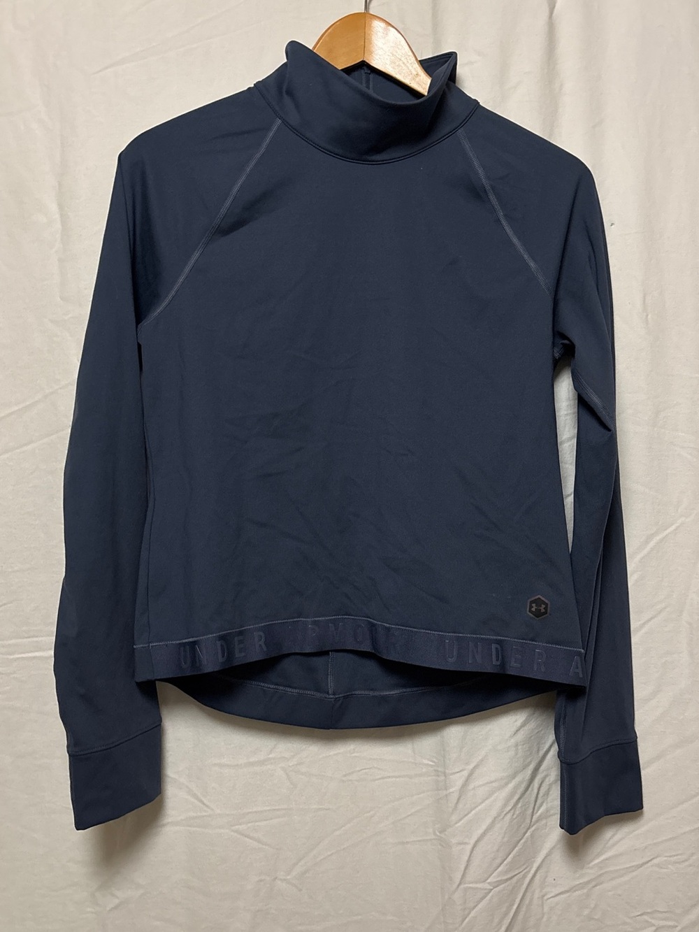 Under armour Women’s Steel blue rush coldgear long sleeve mock neck zip back